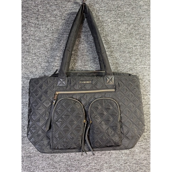 Joan & David Handbags - Joan & David Black Quilted Nylon Tote Bag Travel Carryall Gold Hardware